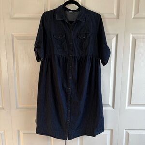 Motherhood Maternity Denim Button Down Dress Dark Blue Pregnancy Fit&Flare L